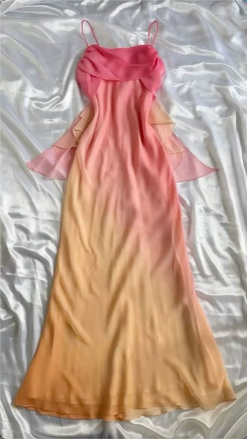 Unique A Line Spaghetti Strap Orange Pink Ombre Chiffon Evening Dress Party Dress HZ1023